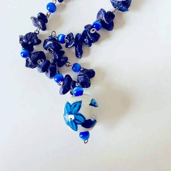 Zad Fashion Jewelry Blue Mini Stone Necklace with Porcelain Style Bead - Picture 2 of 4